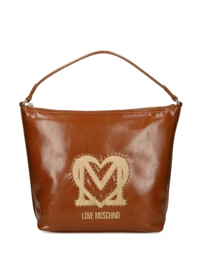 Love Moschino Logo-plaque Studded Shoulder Bag In Brown