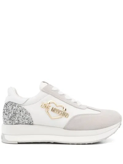 Love Moschino Logo-plaque Suede Sneakers In White
