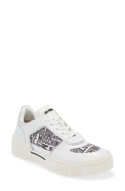 Love Moschino Logo Platform Sneaker In White/ Black/ Silver