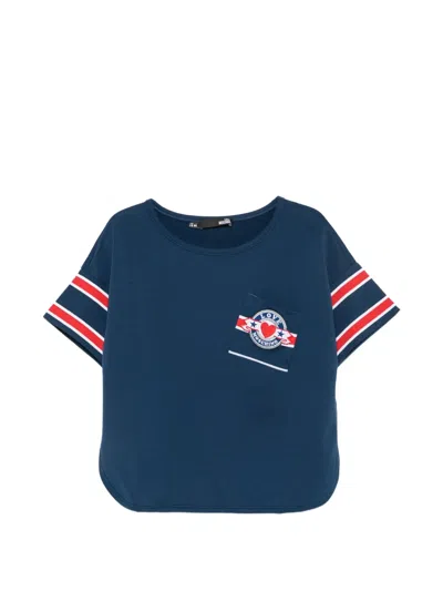 Love Moschino Logo-patch Striped-sleeve T-shirt In Blue