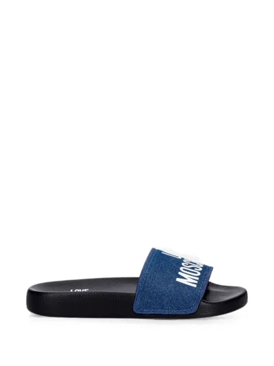 Love Moschino Logo-print Denim Slides In Blue