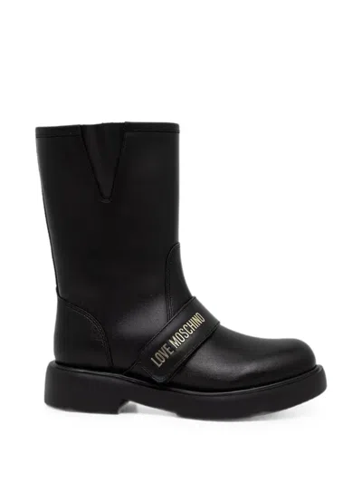 Love Moschino Logo-strap Leather Boots In Black