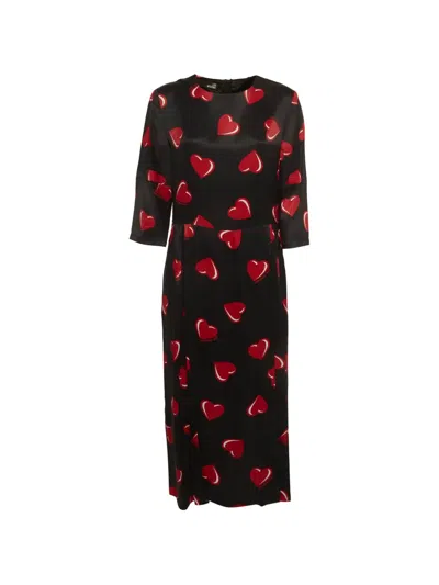 Pre-owned Love Moschino Midi Heart-print Flared Dress In Black