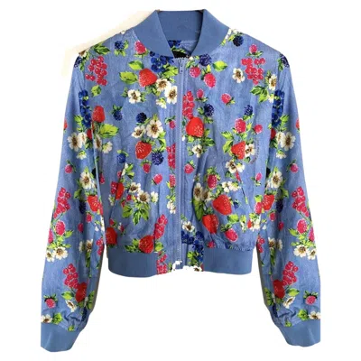 Pre-owned Love Moschino Moschino Denim Feel Fruit Print Blue Bomber Jacket