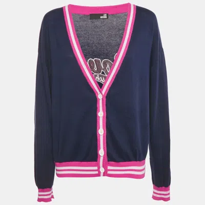 Pre-owned Love Moschino Navy Blue Cotton Logo Sequin Detail Button Front Cardigan L