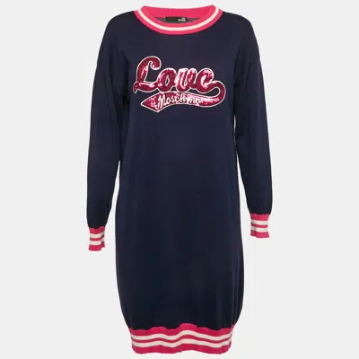 Pre-owned Love Moschino Navy Blue Sequin Embroidery Cotton Jumper Dress S