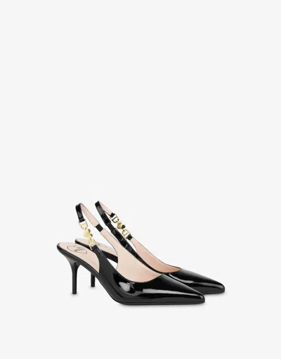 Love Moschino Patent Slingbacks Love Chain Strap In Black