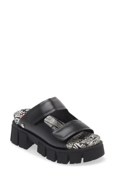 Love Moschino Platform Slide Sandal In Black/ Logone/ White