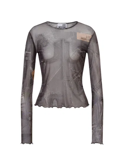 Love Moschino Printed Mesh T-shirt In Gray