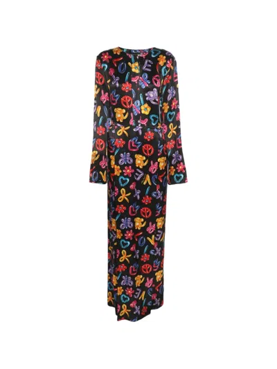 Pre-owned Love Moschino Printed Satin Maxi Dress In Black