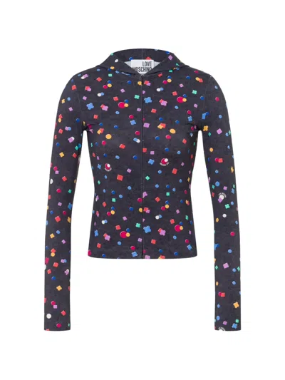 Love Moschino Printed T-shirt With A Technical Nylon Zipper In Blue