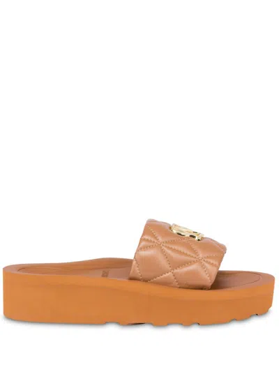 Love Moschino Quilted Leather Slides In Brown