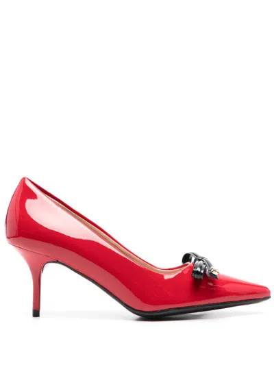 Love Moschino Red Glossy Leather Pumps With Black Bow In Rosso E Nero
