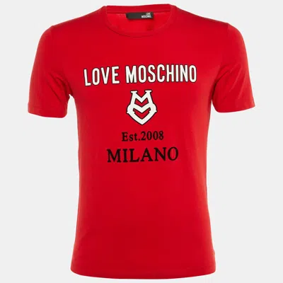 Love Moschino Red Logo Print Cotton Crew Neck T-shirt In Transparent