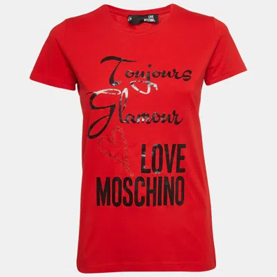 Pre-owned Love Moschino Red Printed Cotton Knit Crew Neck T-shirt S