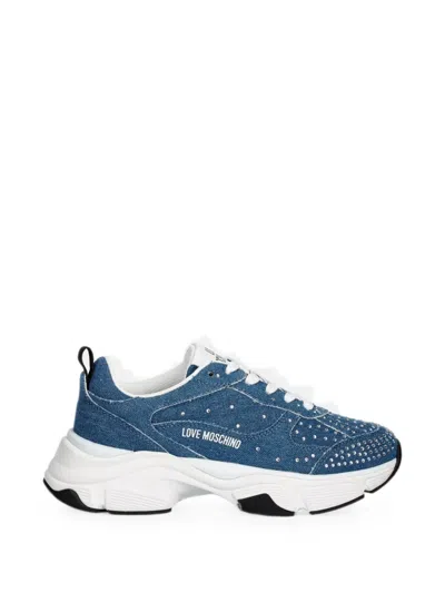 Love Moschino Rhinestone Denim Sneakers In Blue