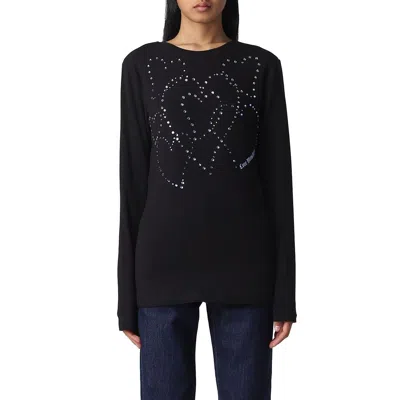 Love Moschino Rhinestone Heart Embellished Cotton Tee In Black