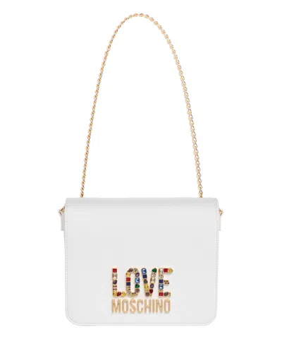 Love Moschino Rhinestone Logo Shoulder Bag In White