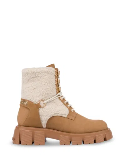 Love Moschino Shearling-trim Lace-up Boots In Brown