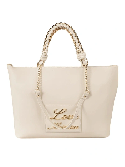 Love Moschino Signature Logo Detail Chain Embellished Tote In Avorio