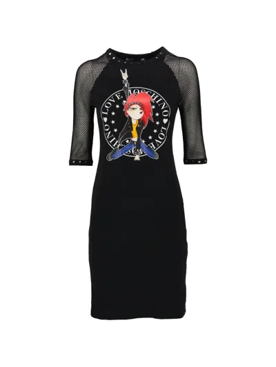 Pre-owned Love Moschino Studded Mesh-sleeve Dress In Black