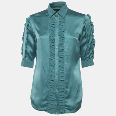 Pre-owned Love Moschino Teal Blue Ruffled Satin Shirt S