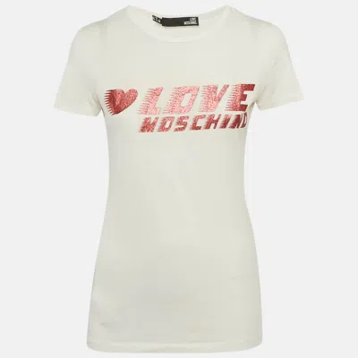 Pre-owned Love Moschino White Glitter Logo Printed Cotton Knit T-shirt S