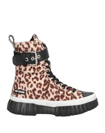Love Moschino Woman Ankle Boots Beige Size 6 Leather, Textile Fibers In Animal Print