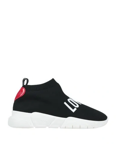 Love Moschino Woman Sneakers Black Size 6 Textile Fibers, Soft Leather, Rubber