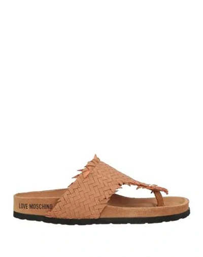 Love Moschino Woman Thong Sandal Tan Size 6 Leather In Brown