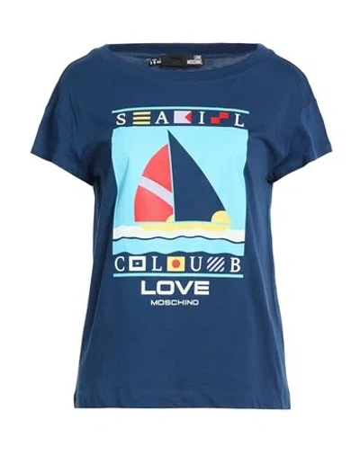 Love Moschino Woman T-shirt Navy Size 10 Cotton, Elastane In Multi