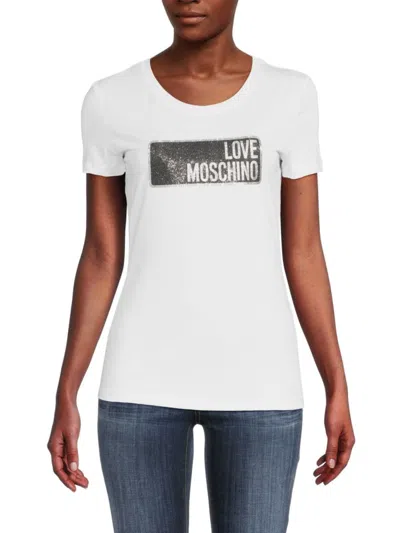 Love Moschino Women's Glitter Logo Graphic Tee In Optical White