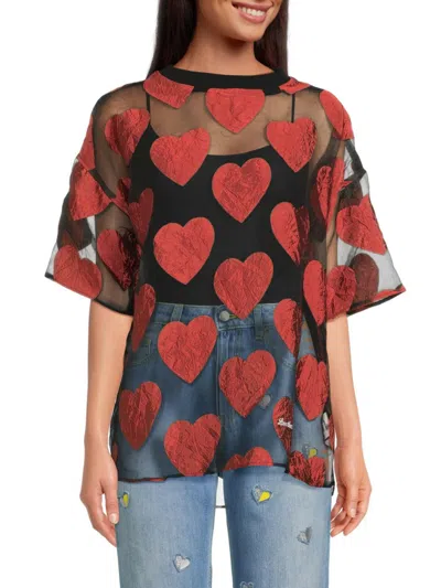 Love Moschino Women's Heart Pattern Sheer Top In Red Multi