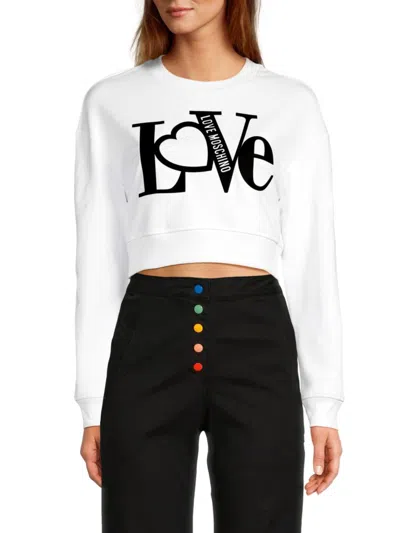 Love Moschino Women's Logo Crewneck Cropped Sweatshirt In Optical White