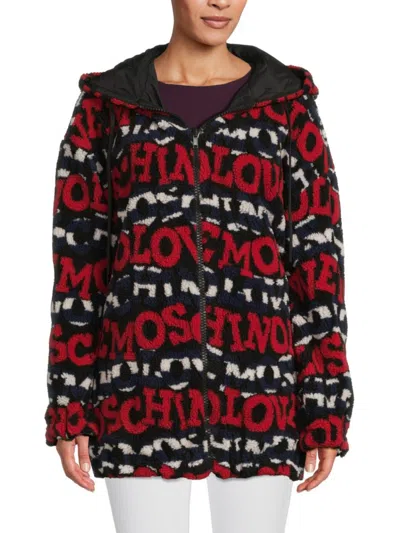 Love Moschino Women's Logo Faux Shearling Zip Hoodie In Red Multicolor