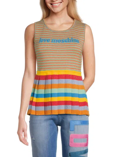 Love Moschino Women's Striped Logo Pleated Top In Red Multi