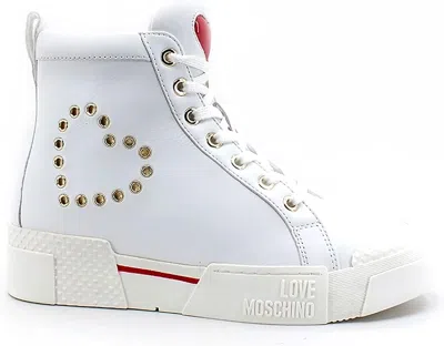 Love Moschino Women's White Leather Sneaker With Borchiato Heart  Platform