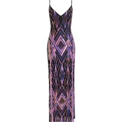 Love, Nickie Lew Sequined Column Gown In Black/pink