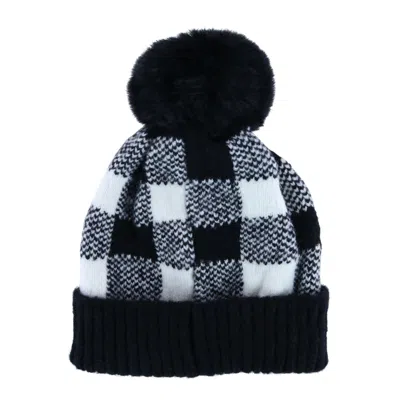 Love Of Fashion Women's Knit Buffalo Plaid Winter Beanie Hat With Pom In Black