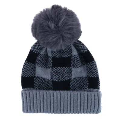 Love Of Fashion Women's Knit Buffalo Plaid Winter Beanie Hat With Pom In Grey
