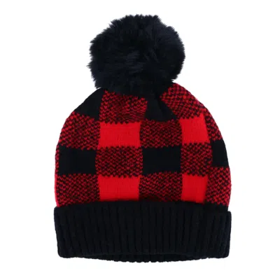 Love Of Fashion Women's Knit Buffalo Plaid Winter Beanie Hat With Pom In Red