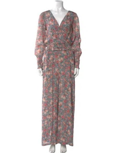 Pre-owned Love Sam Floral Print Plunge Neckline Jumpsuit In Gray