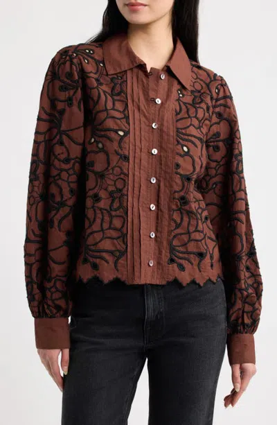Love The Label Abigail Long Sleeve Embroidered Top In Brown