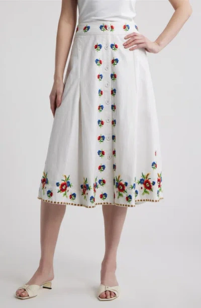 Love The Label Berri Floral Embroidery Midi Skirt In White
