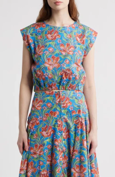 Love The Label Cambrie Floral Print Sleeveless Shirt In Blue