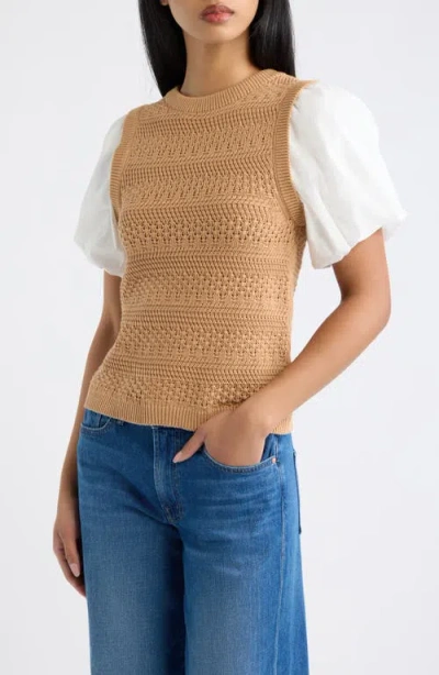 Love The Label Danni Puff Sleeve Pointelle Knit Top In Camel