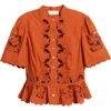 Love The Label Elizabeth Openwork Lace Short Sleeve Button-up Shirt In Brown