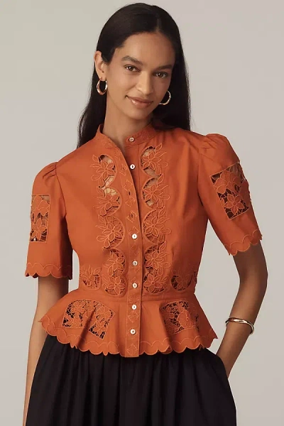 Love The Label Elizabeth Short-sleeve Lace Blouse In Brown