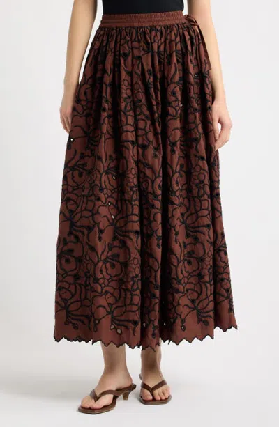 Love The Label Fantasia Embroidered Eyelet Midi Skirt In Brown