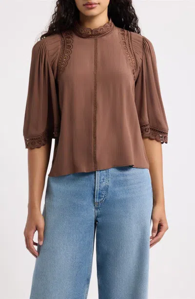 Love The Label Fiona Lace Trim Mock Neck Top In Brown